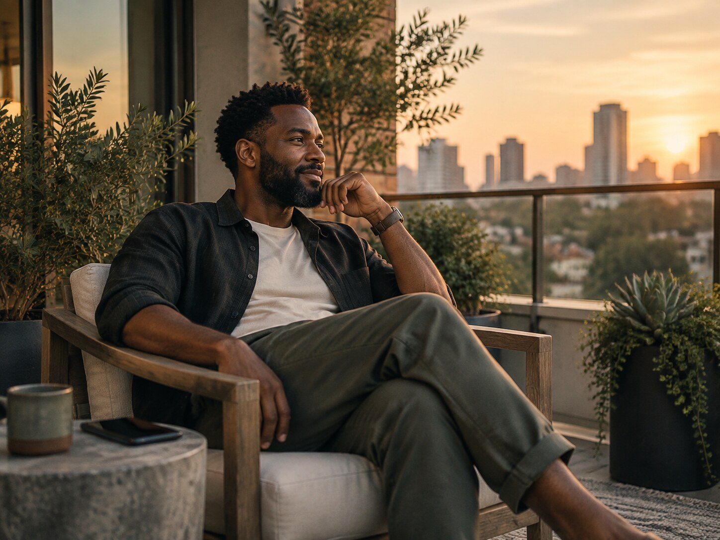 A calm adult pausing outdoors with his phone set aside